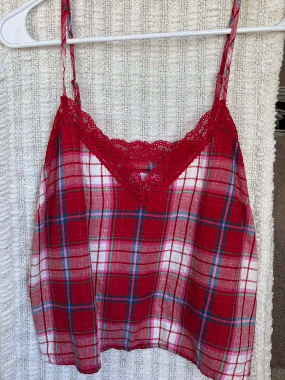 Colsie Plaid Sleep Tank Top with Red Lace and Silver Sparkled Pattern Medium